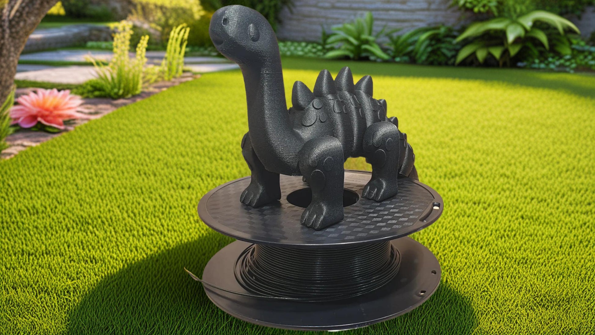 A black 3D-printed dinosaur figure stands on a spool of Hello3D PLA Magic Colour 1.75mm 3D Printing Filament by Hello3D, placed on a grassy lawn with plants in the background.