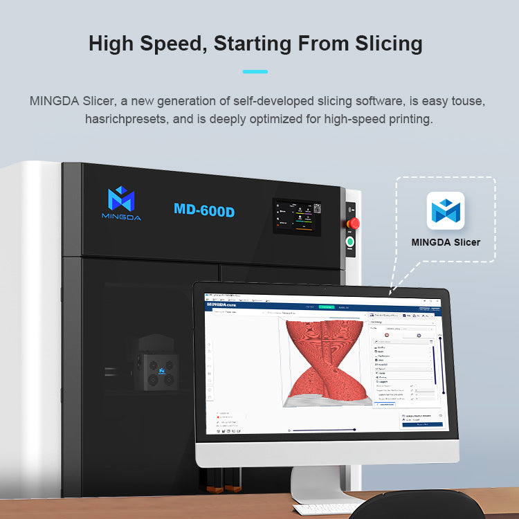 A desktop computer displays 3D slicing software in front of a 3D Printer MINGDA MD-600D for Commercial 600 X 600 X 600mm. The software interface features a red 3D model of a vase being prepped for printing, showcasing the large build volume capabilities of the MINGDA printer.