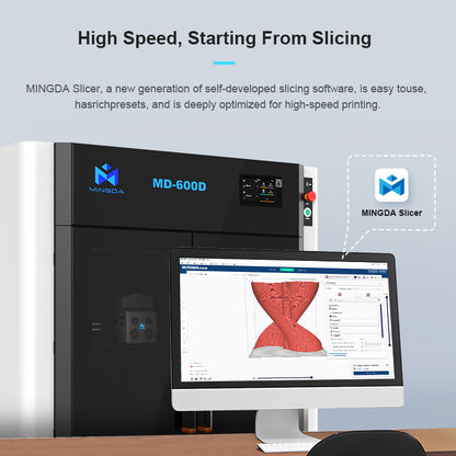 A desktop computer displays 3D slicing software in front of a 3D Printer MINGDA MD-600D for Commercial 600 X 600 X 600mm. The software interface features a red 3D model of a vase being prepped for printing, showcasing the large build volume capabilities of the MINGDA printer.