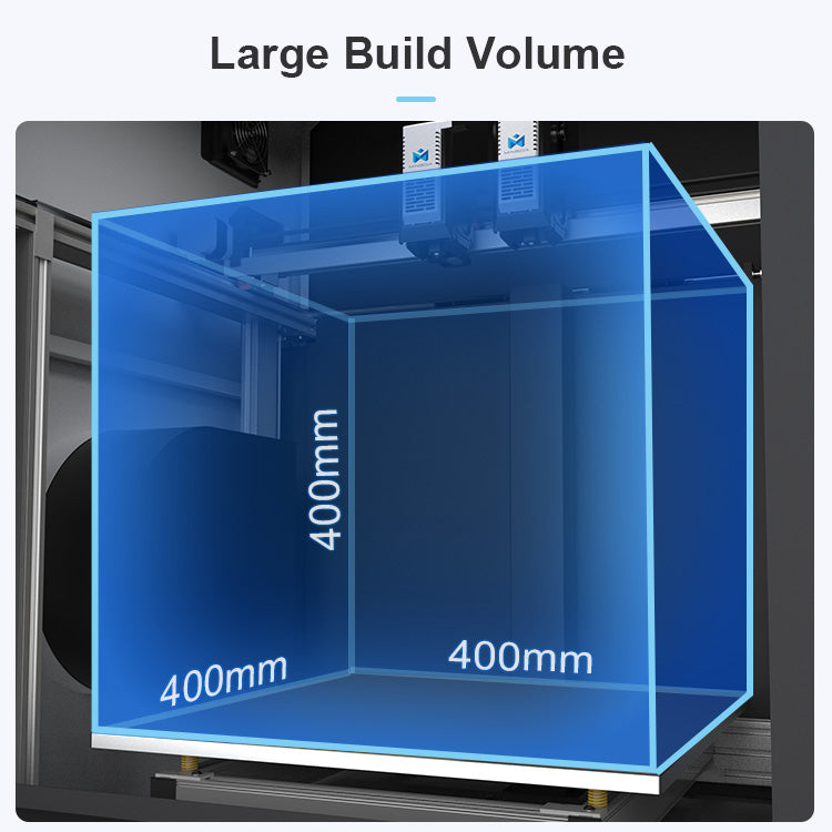 Diagram illustrating the 3D Printer MINGDA MD-400D for Education 400 X 400 X 400mm 2024 Model's large build volume, depicted as a blue transparent cube with dimensions labeled 400mm x 400mm x 400mm.