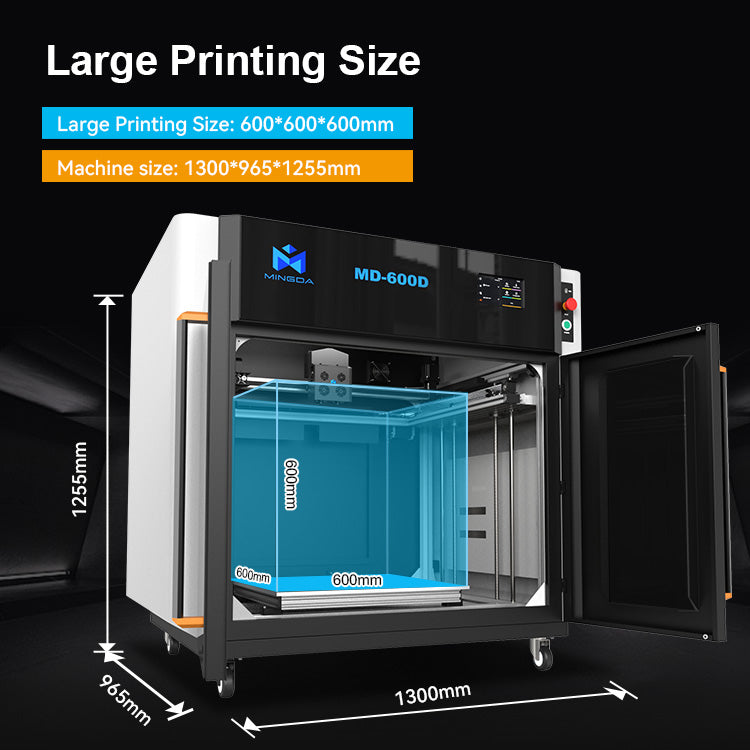 The 3D Printer MINGDA MD-600D for Commercial 600 X 600 X 600mm, a product by MINGDA, has an impressive large build volume of 600x600x600 mm and overall machine dimensions of 1300x655x1255 mm. Its front panel is open, showcasing the expansive printing area.