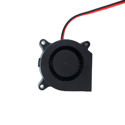 A black Blower 4020 24V Dual Ball Bearing Fan from 3D Printing Perth - Cirrus Link, designed for 3D printing, features a red and black power wire and utilizes a dual ball bearing system for enhanced durability. It delivers an airflow of 11 CFM at speeds of up to 6550 RPM with a noise level of 28.2 dBA.