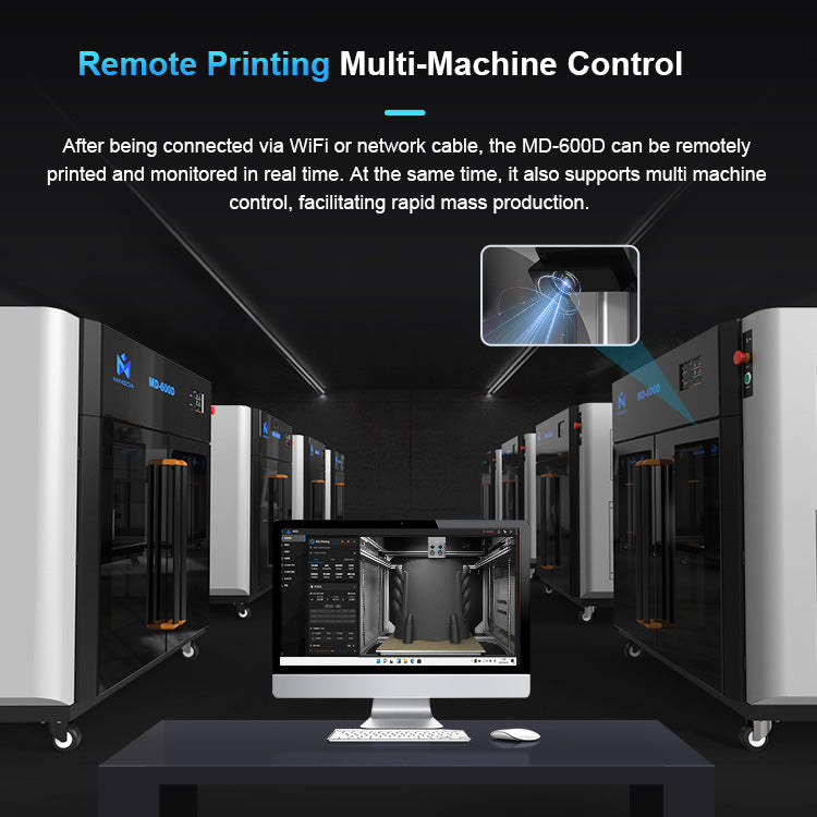 A computer monitor displays software controlling multiple MINGDA 3D Printer MINGDA MD-600D for Commercial 600 X 600 X 600mm in a room, highlighting the ability for remote printing and multi-machine control via WiFi or network cable.