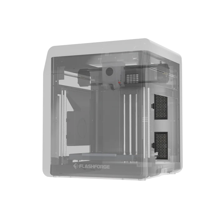 A transparent 3D render of the FlashForge Adventurer 5M Pro showcases its internal build area and components, emphasizing Fast Printing and Safe for Home & School Use.