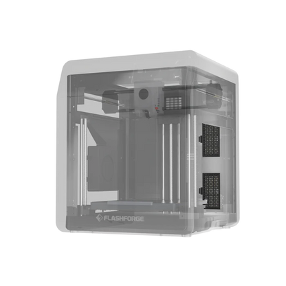 A transparent 3D render of the FlashForge Adventurer 5M Pro showcases its internal build area and components, emphasizing Fast Printing and Safe for Home & School Use.