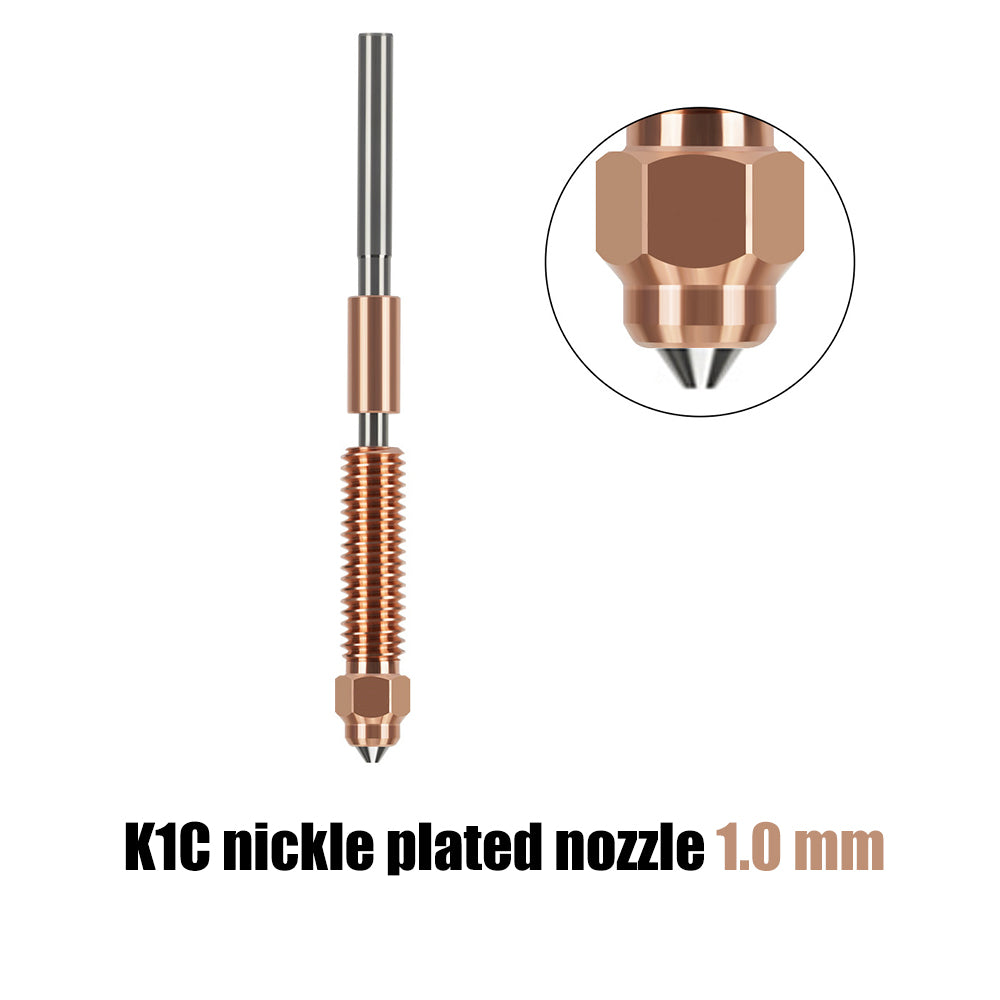 Achieve exceptional printing outcomes with the Ender 3 V3 K1C K1 Max Nozzle Nickel Plated from 3D Printing Perth - Cirrus Link. This nickel-plated nozzle features a precise 1.0 mm size, making it ideal for your Ender-3 V3 and K1 Max projects. The close-up view highlights its precision and durability, perfectly suited for all your creative endeavors.