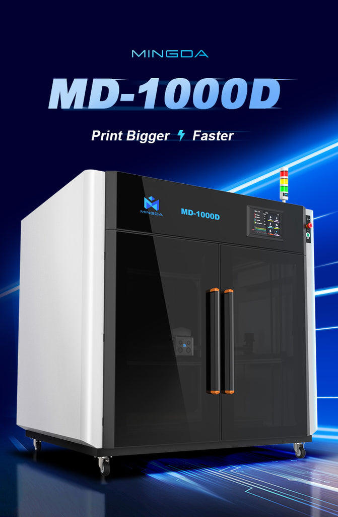 A 3D Printer MINGDA MD-1000D for Commercial 1m X 1m X 1m is displayed against a high-tech blue background with the text "Print Bigger Faster" above it.