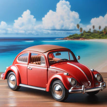 A red vintage Gordon Nezich STL File : 1963 VW Beetle Vehicle is parked on a wooden surface with a tropical beach scene featuring blue water and palm trees in the background, evoking a sense of automotive nostalgia.