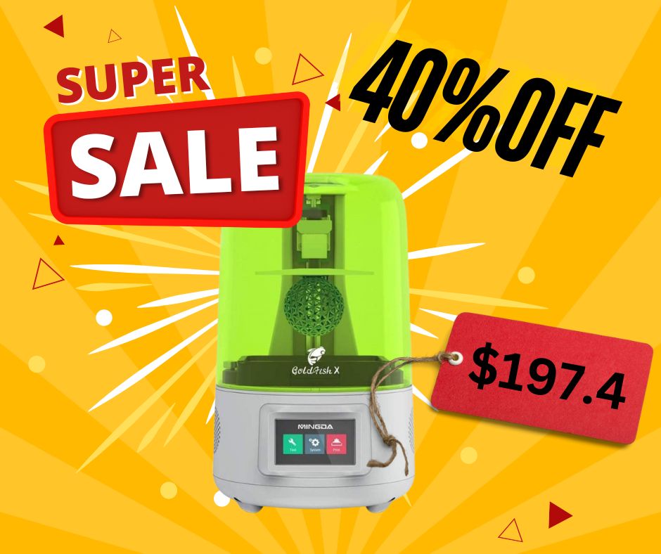 A device with a green cover and a digital display is on sale for $197.4, marked down 40% off. The image has a bright yellow background with "Super Sale" text in red and white, highlighting the MINGDA 3D Printer MINGDA Goldfish X 2K Resin Printer's exceptional high-resolution UV photocuring LCD ideal for resin 3D printing.
