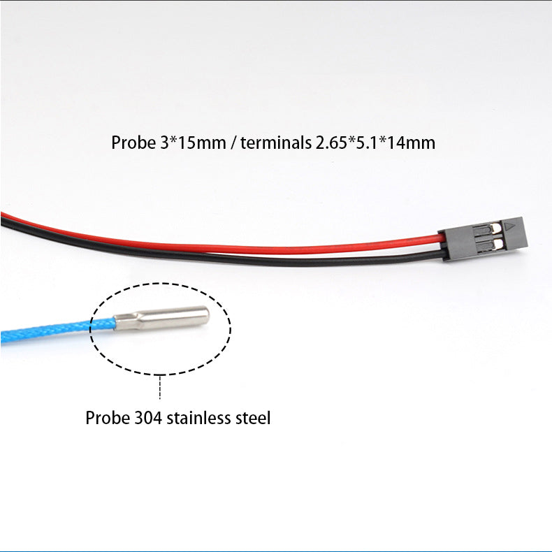 Close-up of the PT1000 High Temperature Platinum Thermistor Sensor Probe by 3D Printing Perth - Cirrus Link, featuring a 3x15mm probe and terminals measuring 2.65x5.1x14mm. Crafted from VORON High-Temp Resistance 304 stainless steel with red and black wires connecting to a black terminal for reliability.