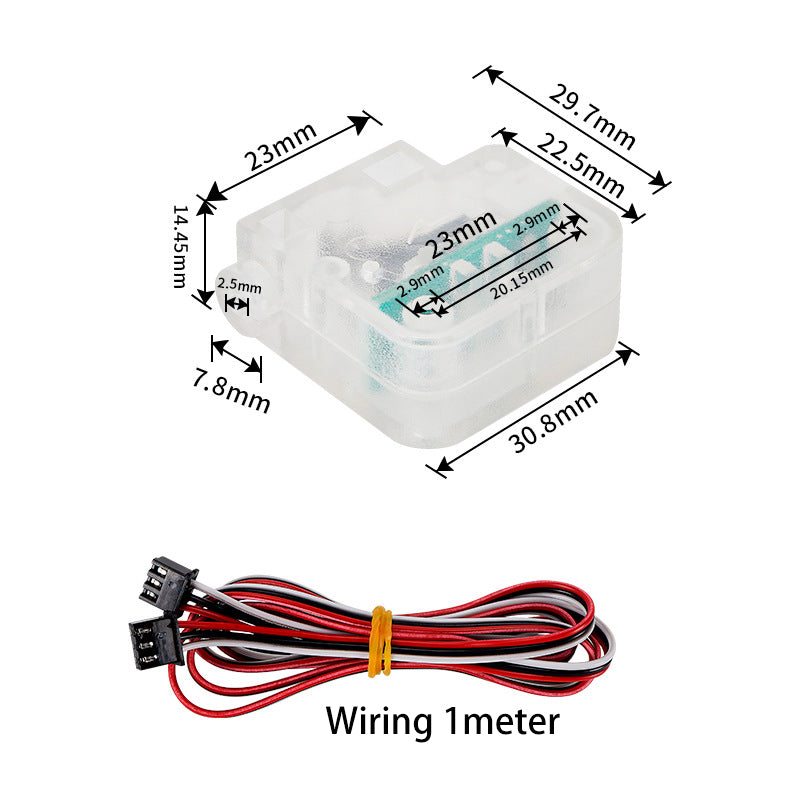 The 3D Printing Perth - Cirrus Link's compact, labeled module features advanced tech, complete with a 1-meter wiring harness (red and black cables), designed for seamless integration with the 3D Printing Filament Detector for detecting broken filament.