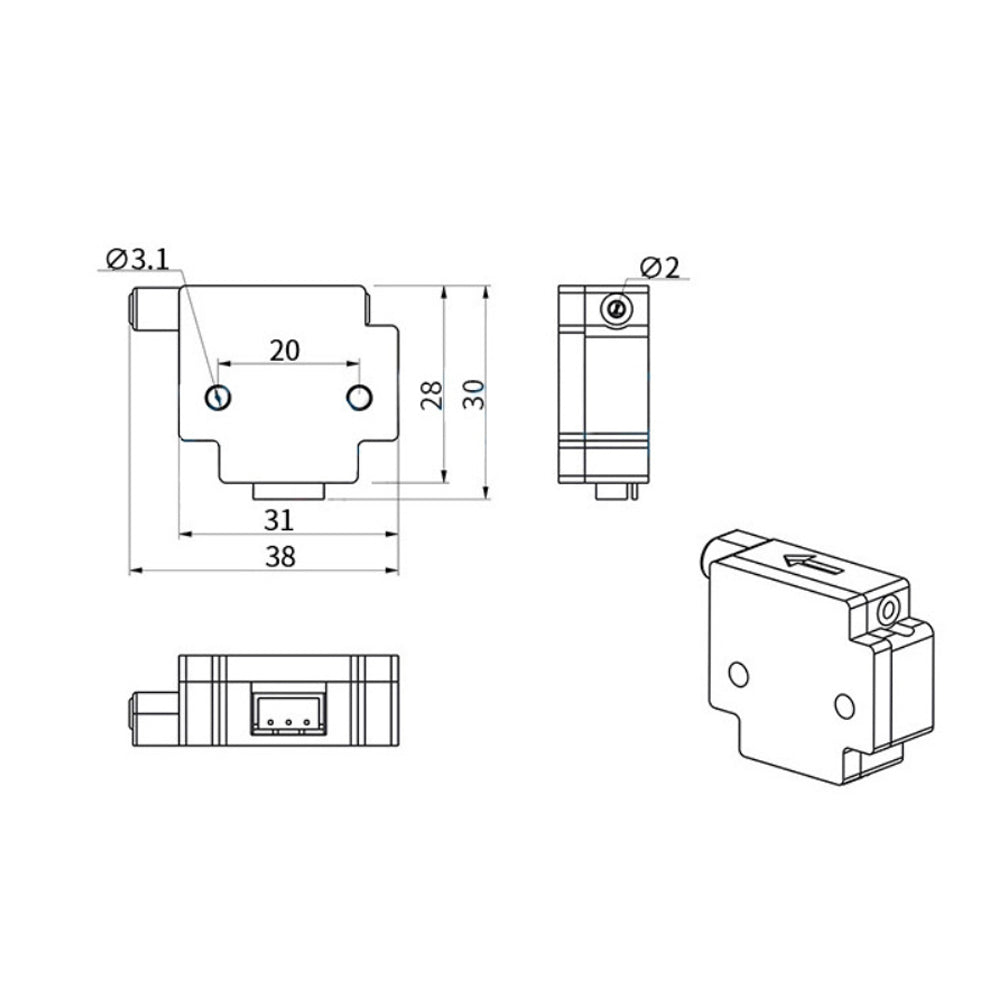 This technical drawing of a compact 3D Printing Filament detector by 3D Printing Perth - Cirrus Link features advanced tech with dimensions of 38x30x28 mm. It includes three views and labeled measurements, making it perfect for integration in 3D printing projects to detect broken filament.