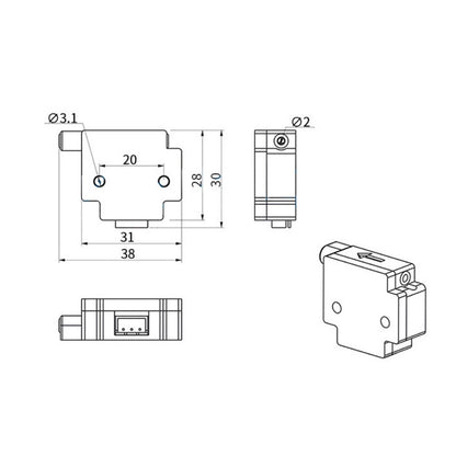 This technical drawing of a compact 3D Printing Filament detector by 3D Printing Perth - Cirrus Link features advanced tech with dimensions of 38x30x28 mm. It includes three views and labeled measurements, making it perfect for integration in 3D printing projects to detect broken filament.