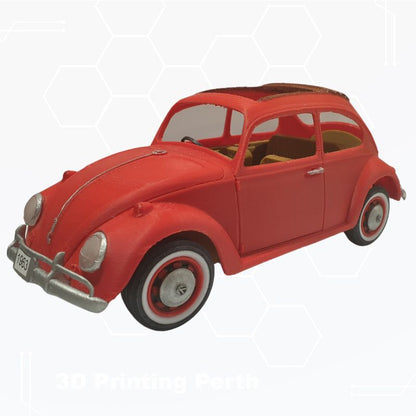 A red 3D-printed model of a classic 1963 VW Beetle with a sunroof, front headlights, and a license plate reading "1963." The car evokes automotive nostalgia and is displayed against a white background with a faint geometric pattern. Perfect for those who appreciate vintage charm or need a unique 3D printable file like the STL File : 1963 VW Beetle Vehicle by Gordon Nezich.