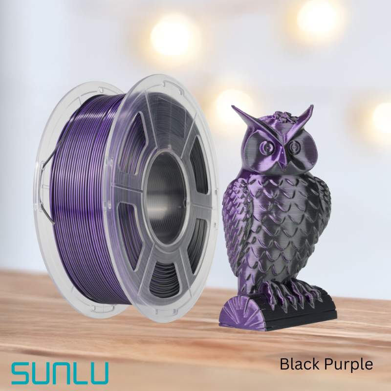 An eco-friendly spool of purple SUNLU PLA+ Silk Dual Colour 1.75mm 3D Printing Filament with an owl on it.