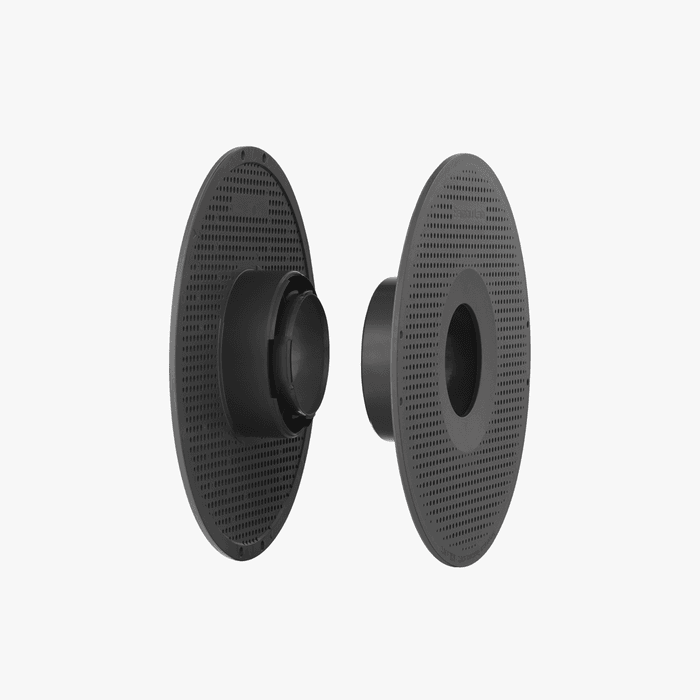 Two round, black Bambu Reusable Spools from Bambu Lab, designed for refillable filament, are shown side by side on a white background—perfect for high-temperature use and reusable storage in heated enclosures.