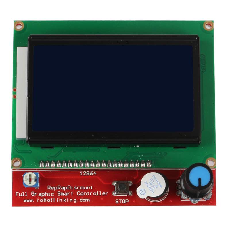 An 3D Printing Perth - Cirrus Link LCD Display: 12864KBA V1.3 with dial button and SD card reader with a blue screen and an SD card slot.