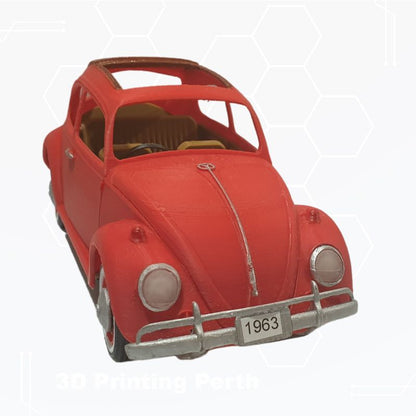 A small red model car, resembling a vintage 1963 VW Beetle, with an open-top design is displayed against a light background with a subtle hexagonal pattern. Perfect for automotive nostalgia enthusiasts, this piece even comes as a 3D printable file: STL File : 1963 VW Beetle Vehicle by Gordon Nezich.