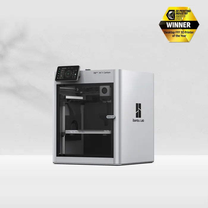 The Bambu Lab X1C 3D Printer by Bambu Lab is shown against a white background. A badge in the top right corner states "Winner: 3D Printing Industry Awards 2023.