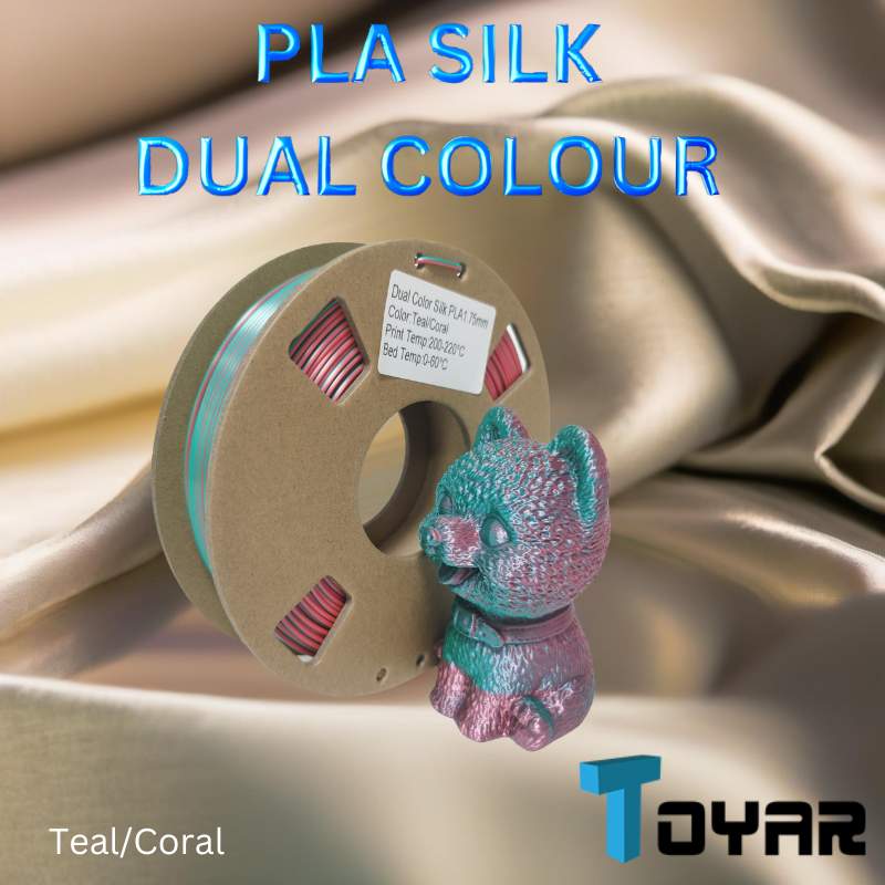 A spool of Toyar PLA Silk Dual Colour 1.75mm 3D Printing Filament with an innovative teddy bear design.