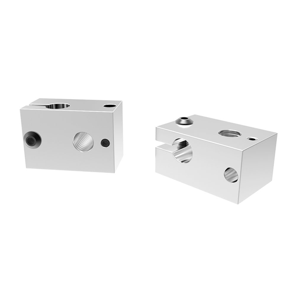 Two rectangular High Quality E3D V6 PT100 Heat Blocks 550C with holes and indents from 3D Printing Perth - Cirrus Link, compatible with PT100 sensors, appear on a pristine white background. They are precision-engineered for machinery applications.