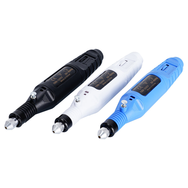 Three Electric Sander Mini Electric Grinder Tools by 3D Printing Perth - Cirrus Link, available in black, white, and blue, are displayed side by side against a white background. These tools are perfect for the DIY enthusiast and feature USB adjustable speed settings to handle various tasks with precision.