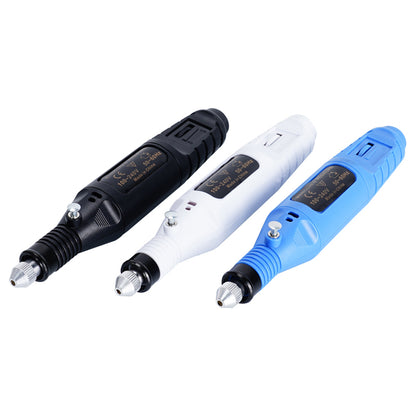 Three Electric Sander Mini Electric Grinder Tools by 3D Printing Perth - Cirrus Link, available in black, white, and blue, are displayed side by side against a white background. These tools are perfect for the DIY enthusiast and feature USB adjustable speed settings to handle various tasks with precision.