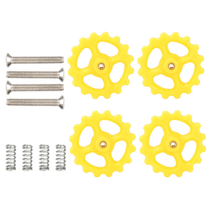 The M3X20X44 Hot Bed Leveling Spring Kit from 3D Printing Perth - Cirrus Link includes four yellow gear wheels, six metal screws, and six leveling springs arranged on a white background.