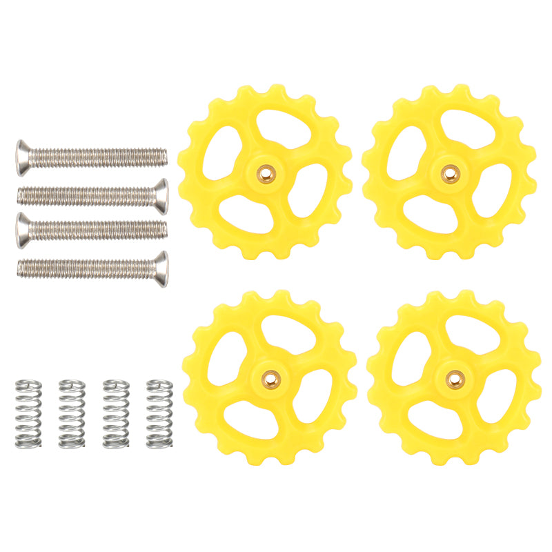 The M3X20X44 Hot Bed Leveling Spring Kit from 3D Printing Perth - Cirrus Link includes four yellow gear wheels, six metal screws, and six leveling springs arranged on a white background.