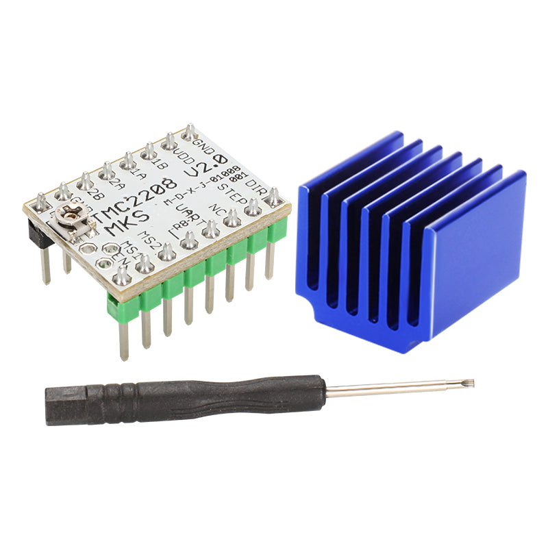 The TMC2208 V2.0 Stepper Motor Driver by 3D Printing Perth - Cirrus Link includes pins, a blue heat sink, and a small screwdriver. Designed for silent operation, this high-performance module ensures projects run smoothly and quietly.