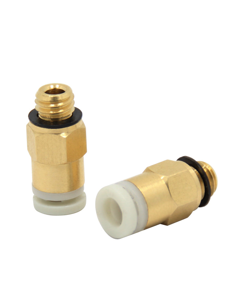 Two M6 brass remote pneumatic connectors from 3D Printing Perth - Cirrus Link are shown, featuring threaded connectors and white plastic ends, ideal for use in extruder systems with a 2mm Teflon tube.