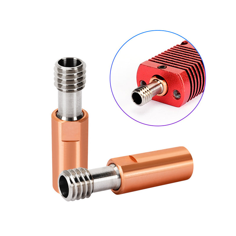 These CR10 Titanium Alloy Copper Pipe and Throat M6 heatbreaks by 3D Printing Perth - Cirrus Link feature a copper-colored base, threaded tips, and circular insets. Ideal for upgrading 3D printers, they offer durability and enhanced thermal conductivity when installed in a red component.