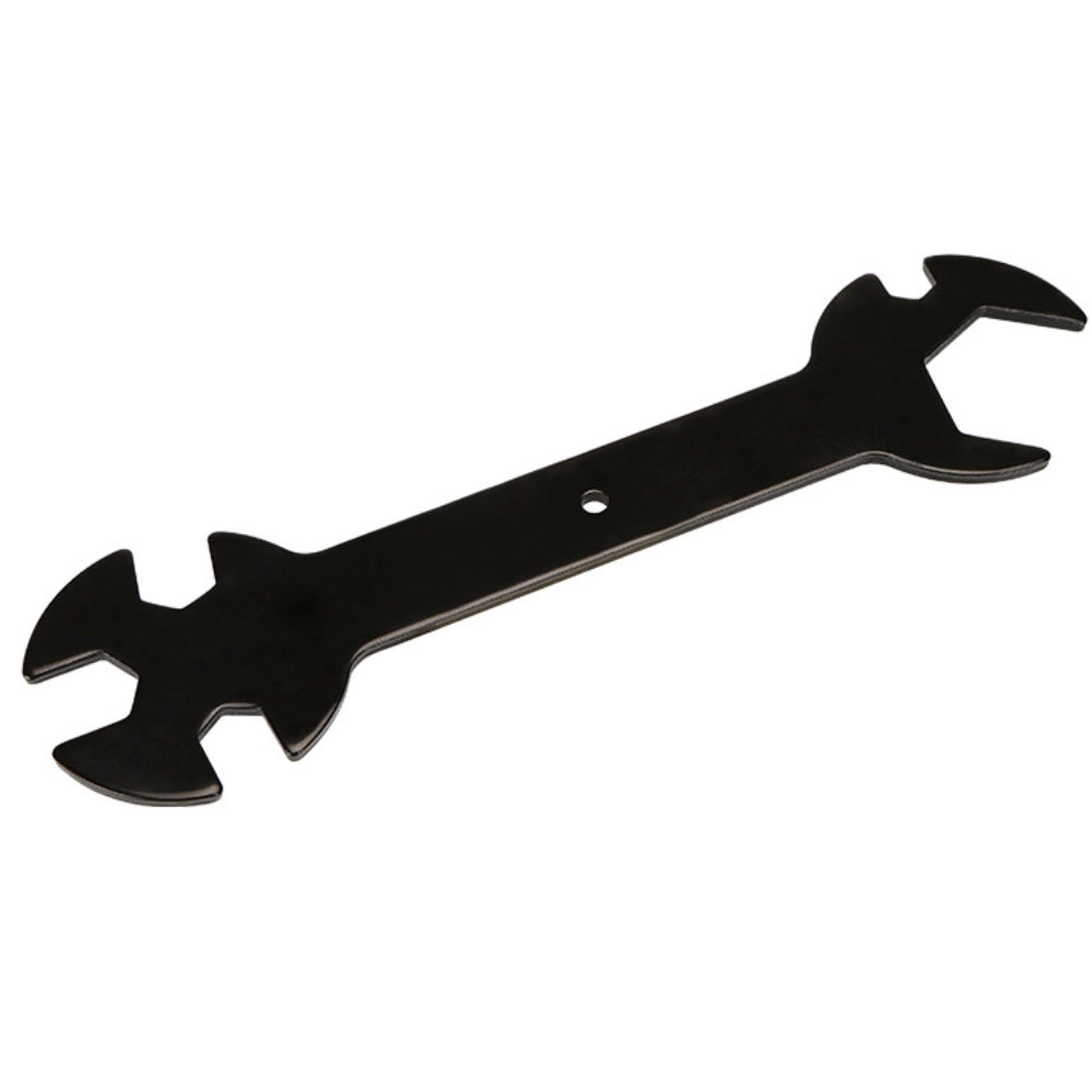 A multifunctional black double-sided wrench, designed for 3D printers, features a central hole for added versatility and is perfect for use with 6mm, 7mm, 8mm, 9mm, and 20mm nozzles compatible with E3D MK8 MK10 and Volcano Heat Block from the brand 3D Printing Perth - Cirrus Link.