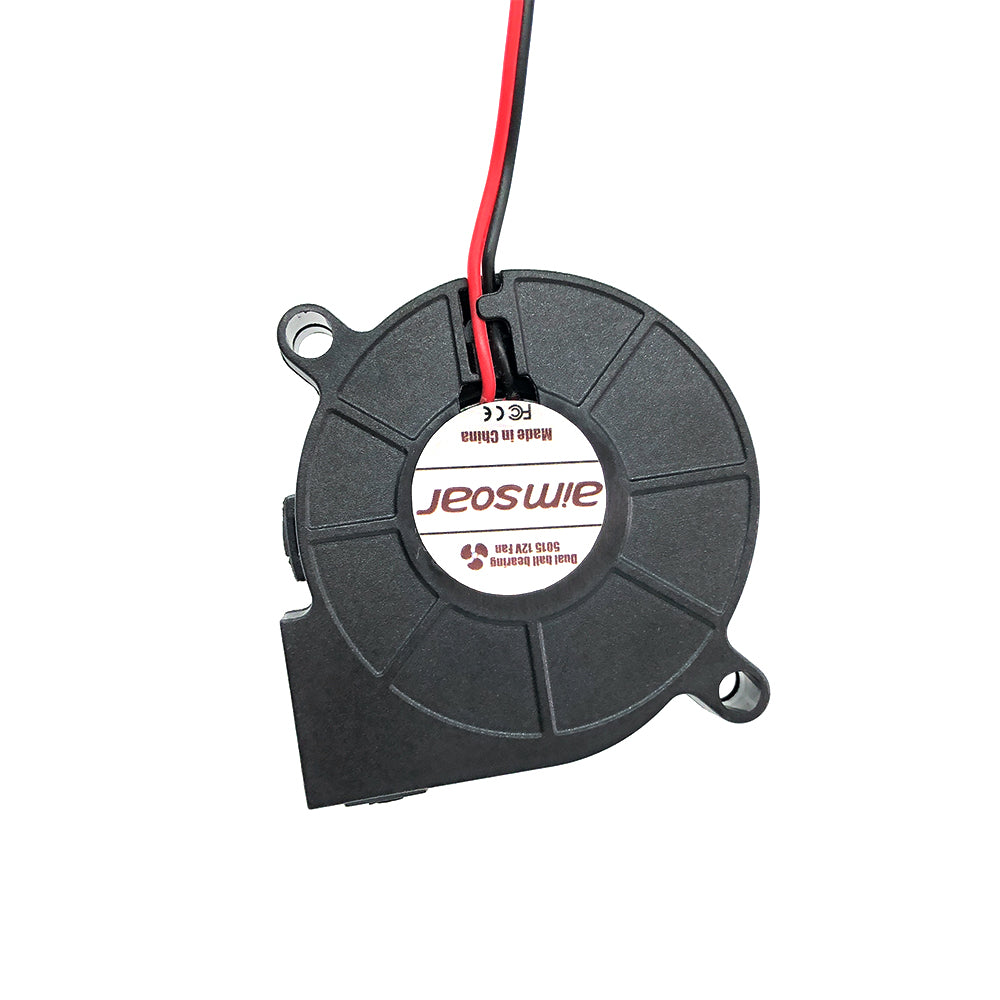 A circular cooling fan with a black exterior, highlighted by red and black wires, ensures efficient cooling. The central label states "3D Printing Perth - Cirrus Link," indicating a reliable choice for 3D printing tasks. This Blower 5015 12V Dual Ball Bearing Fan delivers powerful performance at 6200 RPM, achieving an airflow of 15 CFM with a low noise level of 33 DBA.