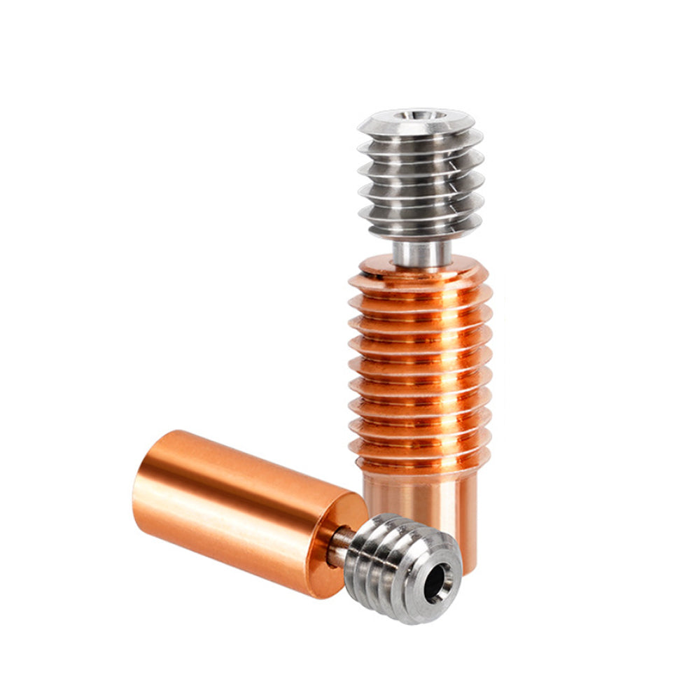 The E3D V6 Titanium Alloy Red Copper Throat Tube 175mm M6 from 3D Printing Perth - Cirrus Link features two metallic threaded components, one mainly copper and the other silver, positioned upright as crucial accessories for E3D V6 3D printing.