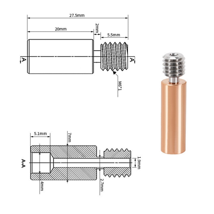 A diagram and photo display the Ender3 CR10 Titanium Alloy Bi-Metal Throat 175MM by 3D Printing Perth - Cirrus Link. It's crafted for durability, featuring labeled thread specifications for Ender 3/CR-10 compatibility, with dimensions of a 27.5mm length and a 5.5mm thread depth.