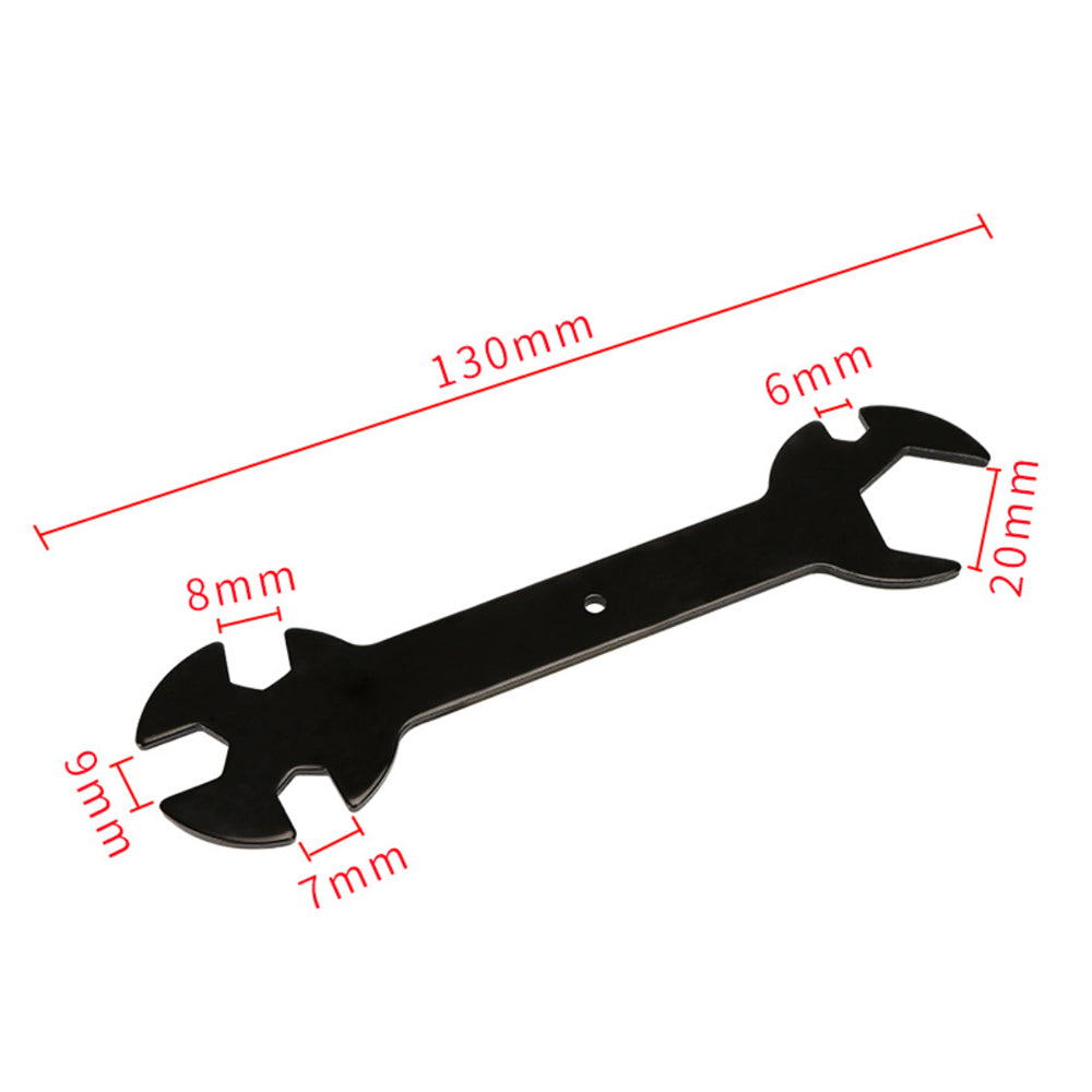 This multifunctional wrench from 3D Printing Perth - Cirrus Link, designed for use with E3D MK8, MK10, and Volcano heat blocks, measures 130mm in length and has clearly labeled sizes (6mm, 7mm, 8mm, 9mm, 20mm) for easy application.