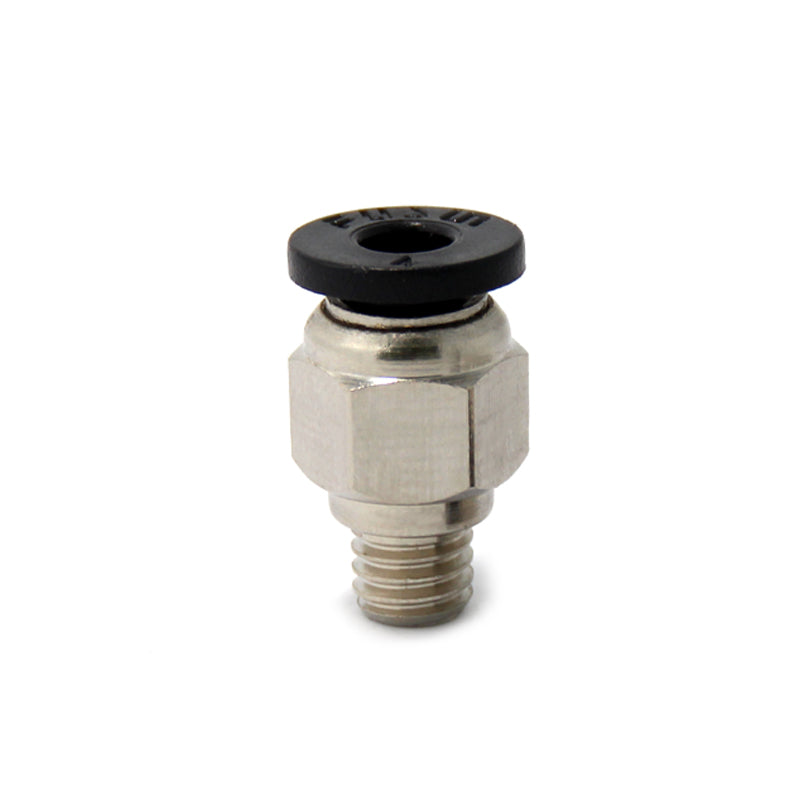 The PC4 M6 Quick Connector Steel with 4mm Teflon Tube features a threaded base and a black circular top, specifically designed for pneumatic or hydraulic systems, making it an ideal component for 3D printer accessories from the brand 3D Printing Perth - Cirrus Link.