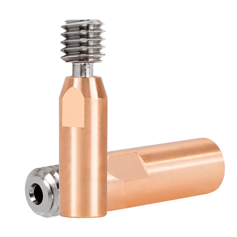 Two 3D Printing Perth - Cirrus Link CR10 Titanium Alloy Copper Throat nozzle tips, with M6 threads and cylindrical bodies in copper color, are displayed upright and horizontally. Ideal for 3D printing projects, they are compatible with CR10 Titanium Alloy machinery.