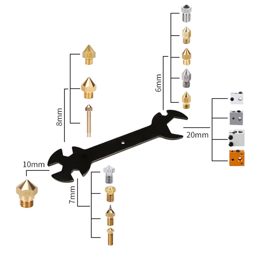 A Multifunctional Wrench from 3D Printing Perth - Cirrus Link, designed for 6mm, 7mm, 8mm, 9mm, and 20mm nozzles and compatible with E3D MK8, MK10, and Volcano Heat Blocks, is surrounded by various types of 3D printer nozzles.
