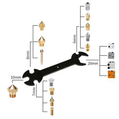 A Multifunctional Wrench from 3D Printing Perth - Cirrus Link, designed for 6mm, 7mm, 8mm, 9mm, and 20mm nozzles and compatible with E3D MK8, MK10, and Volcano Heat Blocks, is surrounded by various types of 3D printer nozzles.