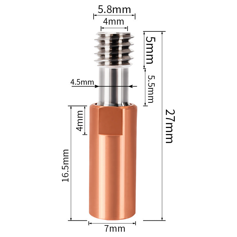 The CR10 Titanium Alloy Copper Pipe and Throat M6 from 3D Printing Perth - Cirrus Link is a cylindrical metal component with millimeter precision, featuring a threaded section and a copper-colored base.