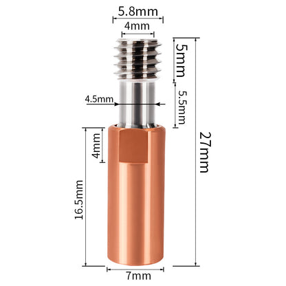 The CR10 Titanium Alloy Copper Pipe and Throat M6 from 3D Printing Perth - Cirrus Link is a cylindrical metal component with millimeter precision, featuring a threaded section and a copper-colored base.