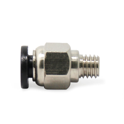 A PC4 M6 Quick Connector Steel with a threaded end and a black circular push-to-connect component, perfect as a accessory for Teflon Tubes in 3D printing by 3D Printing Perth - Cirrus Link.