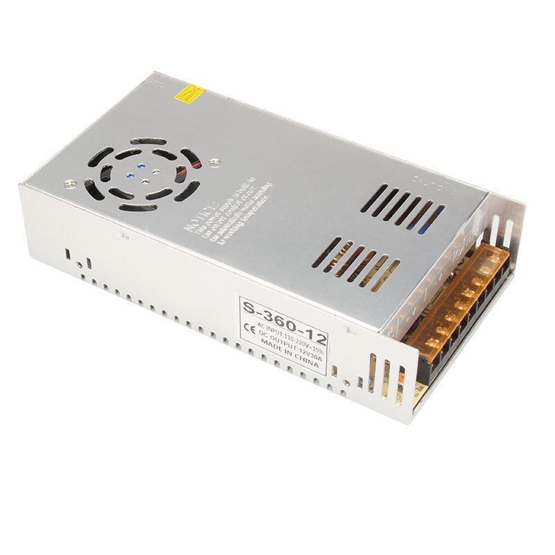 The High Quality 12V 30A Power Supply by 3D Printing Perth - Cirrus Link features a rectangular design with a cooling fan, vent slots, and labeled input/output specs on top, ensuring reliable performance for demanding applications like 3D printing.