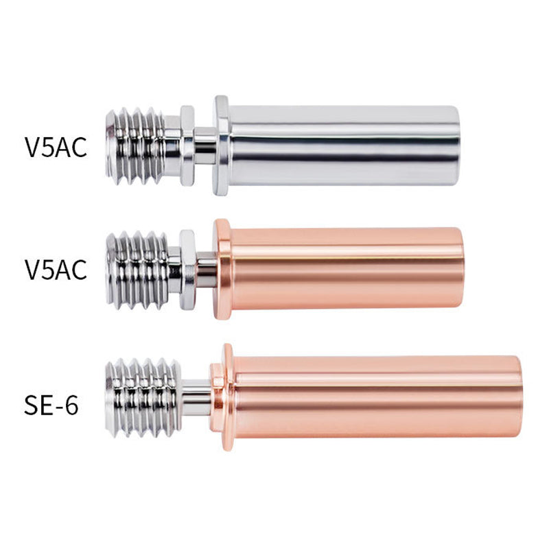 Three precision-crafted cylindrical components with threaded ends, featuring from top to bottom: "Prusa Mini All Metal Throat TC4 Titanium Alloy" in silver titanium, "V5AC" in gold bimetallic throat, and "SE-6" in rose gold. Brand: 3D Printing Perth - Cirrus Link.