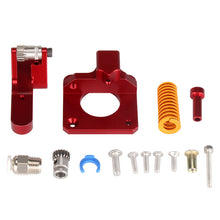 A set of high-precision 3D printing parts from 3D Printing Perth - Cirrus Link, including screws, a red mounting plate, gears, fittings, and a yellow spring—ideal for upgrading the Cr10 Red Extruder Left Hand 175mm Left Hand.