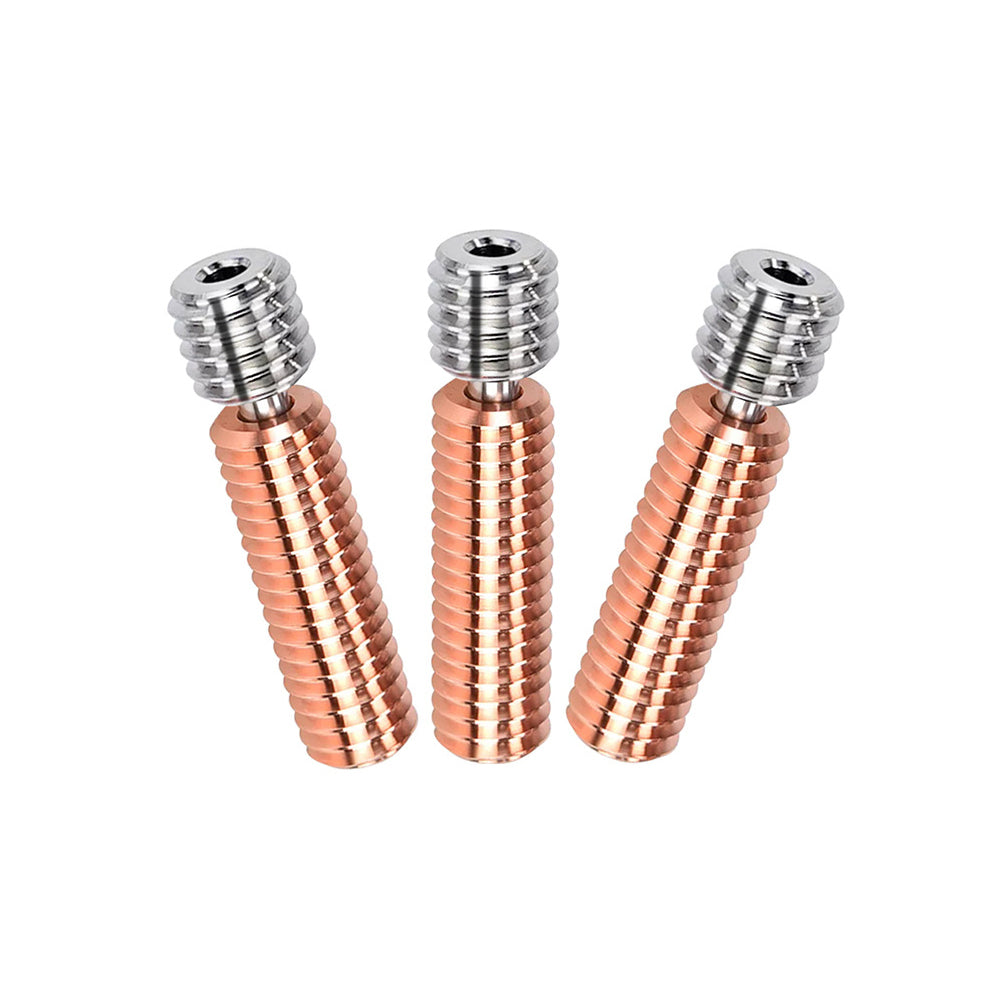 The MK8 Official TC4 Throat by 3D Printing Perth - Cirrus Link features three metallic cylindrical objects with ribbed, copper-plated nickel bodies and silver tops, showcasing high-temperature resistance for advanced applications.