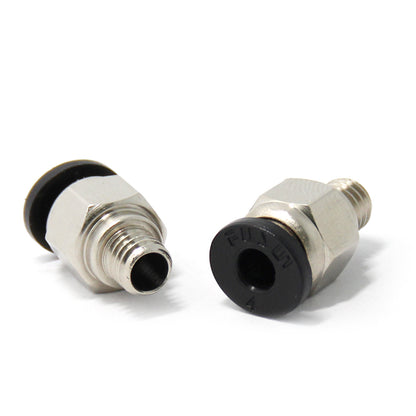 Two PC4 M6 Quick Connector Steel fittings with threaded ends and black rubber seals from 3D Printing Perth - Cirrus Link are placed on a white surface. Ideal for seamless integration with 3D printer accessories, they ensure reliable connections for the 4mm Teflon tube.