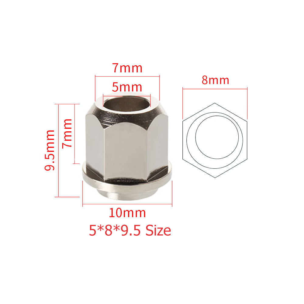 Eccentric Nut Nickel Plated V Groove Hex Nut by 3D Printing Perth - Cirrus Link features a 7mm width, 9.5mm height, inner dimensions of 5mm and 7mm, and an outer circle of 8mm. Labeled "5*8*9.5 Size," it's perfect for mechanical uses like 3D printing projects.
